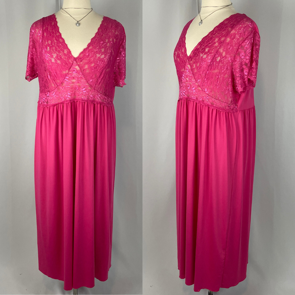 Amoureuse Nightgown Plus Size 1X Pink Lace Bodice Babydoll Long Maxi Lingerie